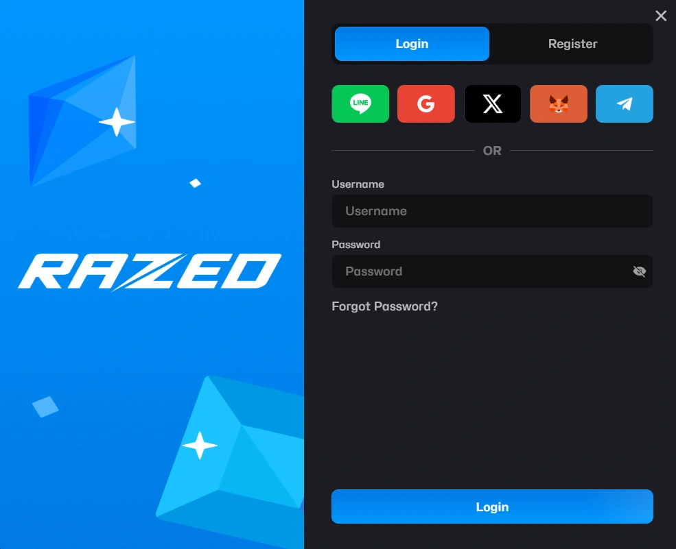 Razed Casino login screen